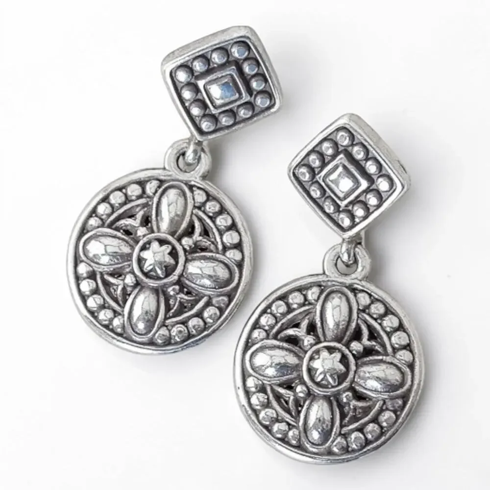Brighton Delia Floral Round Drop Earrings Square Stud Silver Plated Retired